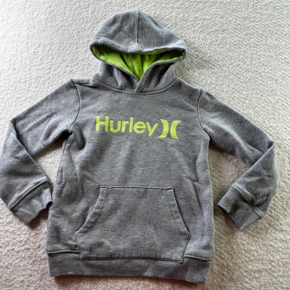 Kids Hurley Gray Hoodie Sweatshirt Neon Green Logo Size 5 Pull Over Cotton Blend